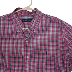 Ralph‎ Lauren Shirt Mens Large Pink Plaid Cotton Long Sleeve Button Up Blue Pony